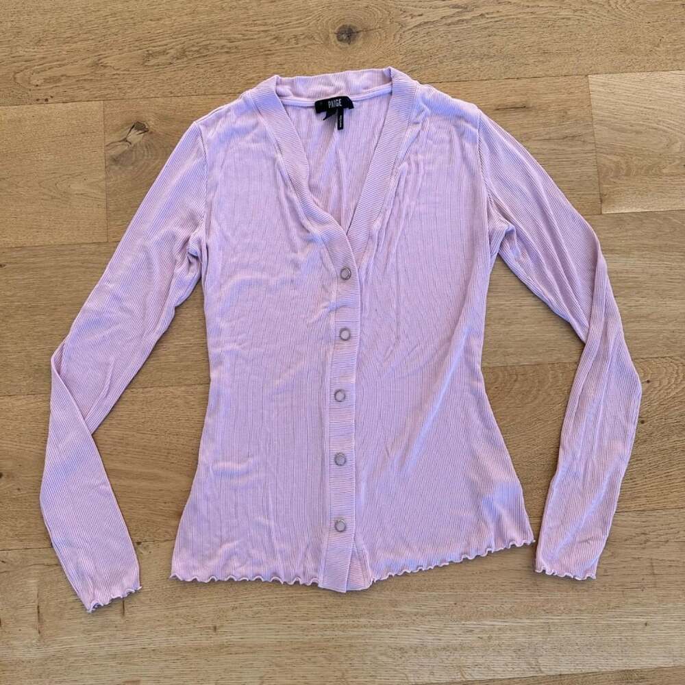 Paige - V Neck Button Front Long Sleeve Ribbed Cardigan in Pink